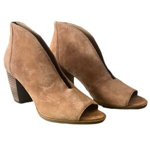 Lucky Brand Women Joal Open-Toe Suede Tan Slip-On Block Heel Ankle Bootie Size 8